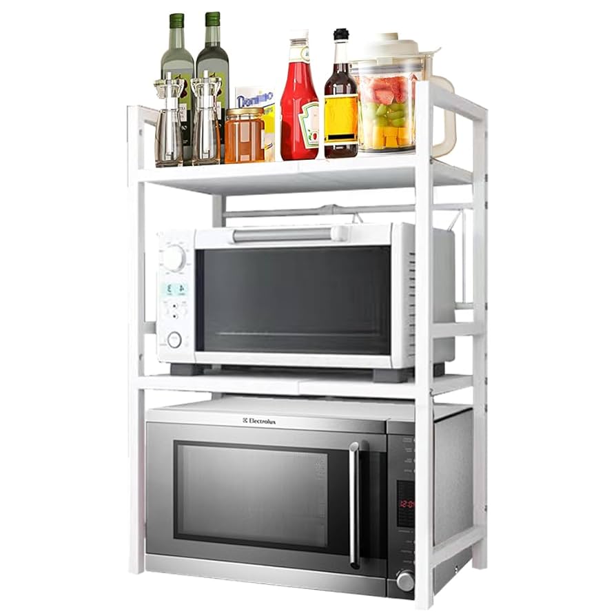 ホワイト キッチンラック 調整可能 Amazon.co.jp: 2層レンジ上ラック キッチンラック 伸縮幅42~64cm